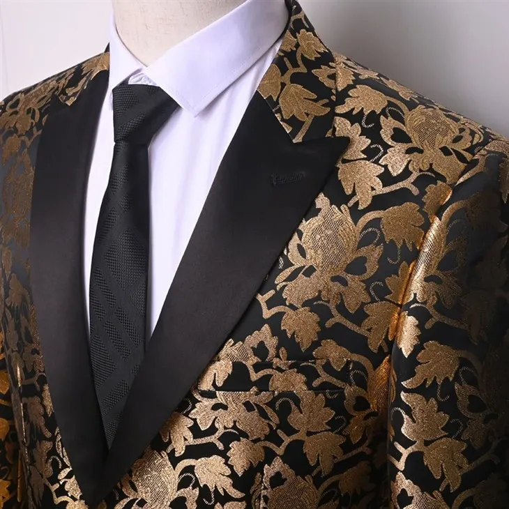 Luxury Black & Gold Embroidered Men's Blazer - Formal Wedding Tuxedo Jacket | YILI - F141-2 high quality
